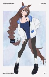 Rule 34 | 1girl, acubi tomaranai, animal ears, artist logo, black footwear, blue dress, blue eyes, bow, braid, braided ponytail, breasts, brown hair, character name, cleavage, collarbone, contrapposto, copyright name, dress, ear bow, full body, grey jacket, hand on own thigh, highres, horse ears, horse girl, horse tail, jacket, large breasts, legs apart, long hair, looking at viewer, nike (company), open mouth, pants, product placement, sleeveless, sleeveless dress, socks, solo, standing, super creek (umamusume), tail, umamusume, white socks, yoga pants