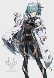 Rule 34 | 1girl, aqua hair, belt, commentary, feet out of frame, grey background, hair ornament, jacket, looking at viewer, nail polish, off shoulder, orange eyes, original, short hair, simple background, skirt, smile, solo, swav, white jacket