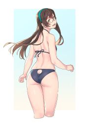 Rule 34 | 1girl, alternate costume, ass, back, bare arms, bare shoulders, bikini, black bikini, black hair, blush, breasts, butt crack, commentary request, cowboy shot, cropped legs, from behind, glasses, green eyes, hairband, highres, kantai collection, long hair, looking at viewer, looking back, ooyodo (kancolle), open mouth, semi-rimless eyewear, simple background, skindentation, small breasts, smile, solo, standing, swimsuit, under-rim eyewear, yuuji (and)