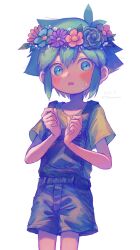 Rule 34 | 100momom, 1boy, basil (headspace) (omori), basil (omori), blue overalls, blush, collarbone, dated, flower, green eyes, green hair, head wreath, highres, looking at viewer, omori, open mouth, overall shorts, overalls, shirt, short hair, simple background, solo, sweat, twitter username, white background, yellow shirt