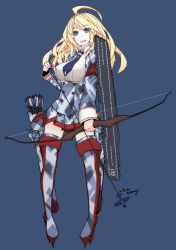 Rule 34 | 10s, 1girl, ahoge, arrow (projectile), bad id, bad pixiv id, blonde hair, blue background, blue eyes, boots, bow, breasts, camouflage, commentary request, flight deck, highres, kantai collection, large breasts, long hair, mikoto (oi plus), military, military uniform, miniskirt, necktie, original, personification, quiver, signature, simple background, skirt, solo, thigh boots, thighhighs, uniform, united states, uss enterprise (cv-6), zettai ryouiki