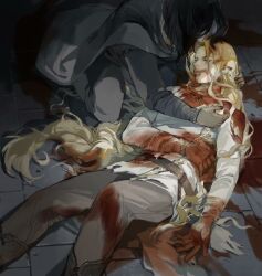 Rule 34 | 2boys, belt, beren, black hair, blonde hair, blood, blood in hair, blood on clothes, blood on face, blood on hands, blood stain, brown belt, brown pants, cape, chinese commentary, closed eyes, commentary, death, finrod, grey cape, highres, long hair, lying, male focus, multiple boys, on back, pants, pointy ears, shirt, the silmarillion, tolkien&#039;s legendarium, tolkien's legendarium, torn clothes, very long hair, white shirt, yi tiao zhi xian chong