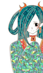 Rule 34 | 00s, 1girl, black eyes, blush, choker, crescent, earrings, gankutsuou, green hair, hair over one eye, haydee (gankutsuou), jewelry, long hair, necklace, pale skin, patterned, pendant, pointy ears, simple background, sleeves past wrists, smile, solo
