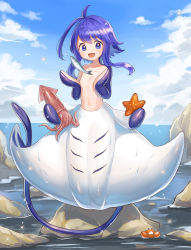 Rule 34 | 1girl, :d, absurdres, blue eyes, blue hair, blue sky, blush, cloud, commission, completely nude, crab, day, extra arms, fins, full body, gills, highres, iruka (tama), looking at viewer, manta ray girl, miyamo (fumifumi no ura), monster girl, navel, nude, open mouth, original, outdoors, second-party source, sidelocks, skeb commission, sky, smile, solo, tail, taur, wet