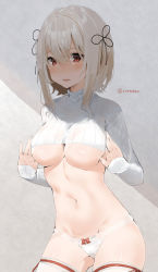 Rule 34 | 1girl, azur lane, bad id, bad pixiv id, blush, bob cut, breasts, cowboy shot, hair between eyes, hair ribbon, highres, lace, lace-trimmed panties, lace trim, large breasts, looking at viewer, navel, open mouth, panties, red eyes, ribbon, short hair, sirius (azur lane), solo, stomach, sweater, thighhighs, underboob, underwear, white hair, white sweater, white thighhighs, xretakex