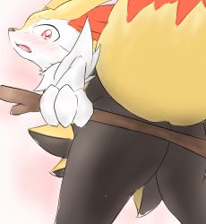 Rule 34 | 1girl, animal ears, ass, blush, braixen, constricted pupils, creatures (company), embarrassed, fang, female focus, fox ears, fox tail, from behind, furry, furry female, game freak, gen 6 pokemon, highres, leaning forward, looking at viewer, looking back, mitoganmo, nintendo, open mouth, outstretched arm, pink background, pokemon, pokemon (creature), pokemon xy, red eyes, simple background, solo, standing, stick, tail, tears, teeth