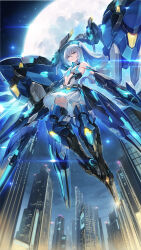 Rule 34 | 1girl, armor, armored dress, arms behind back, bare shoulders, blue armor, blue hair, breasts, bronya zaychik, bronya zaychik (herrscher of truth), building, city, city lights, closed mouth, clothing cutout, dress, drill hair, full moon, gloves, grey eyes, grey hair, hair between eyes, halo, highres, holding, holding weapon, honkai (series), honkai impact 3rd, long hair, looking at viewer, maoh yueer, moon, multicolored hair, pink pupils, ponytail, project bunny, prosthesis, prosthetic leg, reverse prayer, skyscraper, small breasts, smile, solo, star (sky), stomach cutout, thighhighs, very long hair, weapon, white thighhighs