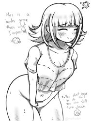 1girl blush breasts closed_eyes cowboy_shot crop_top danganronpa_(series) danganronpa_2:_goodbye_despair greyscale groin large_breasts leaning_forward matraart medium_hair meme monochrome nanami_chiaki navel short_sleeves smile spaceship_hair_ornament spoken_character