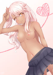 Rule 34 | 1girl, absurdres, armpits, arms behind back, black skirt, blush, breasts, chloe von einzbern, closed mouth, collarbone, cowboy shot, dark-skinned female, dark skin, eyelashes, fate/kaleid liner prisma illya, fate (series), gluteal fold, gradient background, gradient eyes, hair between eyes, hand to head, hand up, heart, heart of string, highres, legs apart, lips, long hair, looking at viewer, miniskirt, multicolored eyes, nanamira bi, navel, nipples, one side up, orange eyes, pink hair, pleated skirt, side ponytail, skirt, small breasts, smile, solo, stomach, topless, underwear, v, w, yellow eyes
