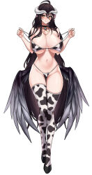 Rule 34 | 1girl, absurdres, ahoge, albedo (overlord), animal print, bikini, black choker, black feathers, black hair, black wings, blush, breasts, choker, closed mouth, cow print, cow print bikini, demon girl, demon horns, dogs (dlrkdejr26), feathered wings, feathers, full body, hair between eyes, hands up, highres, horns, huge breasts, large wings, long hair, looking at viewer, low horns, low wings, navel, overlord (maruyama), print bikini, print thighhighs, smile, solo, stomach, swimsuit, thighhighs, very long hair, white horns, wings, yellow eyes