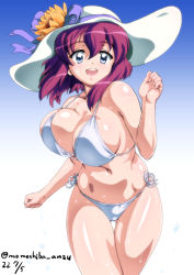 Rule 34 | 1girl, :d, bikini, blue background, blue bow, blue eyes, bouncing breasts, bow, breasts, cleavage, dated, flower, gradient background, hat, hat bow, hat flower, henrietta de tristain, large breasts, looking at viewer, medium hair, nafta, open mouth, purple hair, running, shiny skin, side-tie bikini bottom, simple background, smile, solo, sun hat, swimsuit, thigh gap, thighs, twitter username, wet, white background, white bikini, white hat, zero no tsukaima