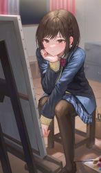 Rule 34 | 1girl, absurdres, beige sweater, black pantyhose, blazer, blue jacket, blue skirt, blurry, blurry background, blush, braid, brown eyes, brown footwear, brown hair, canvas (object), chair, closed mouth, collared shirt, curtains, easel, hand on own chin, highres, indoors, jacket, kamiyama high school uniform (project sekai), loafers, long sleeves, original, paintbrush, palette (object), pantyhose, plaid, plaid skirt, pleated skirt, school uniform, shirt, shoes, short hair, sitting, skirt, solo, tokkyu, white shirt, window