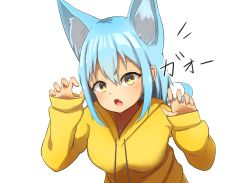 Rule 34 | 1girl, absurdres, animal ear fluff, animal ears, bad id, bad pixiv id, blue hair, blush, breasts, brown eyes, claw pose, commentary request, drawstring, fang, hair between eyes, hands up, highres, hood, hood down, hoodie, idaten93, long hair, long sleeves, medium breasts, open mouth, original, sidelocks, simple background, sleeves past wrists, solo, translation request, upper body, white background, yellow hoodie