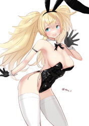 Rule 34 | 1girl, alternate costume, animal ears, black gloves, black leotard, blonde hair, bow, bowtie, breasts, cleavage, detached collar, gambier bay (kancolle), gloves, green eyes, highres, kantai collection, leotard, long hair, medium breasts, one-hour drawing challenge, playboy bunny, rabbit ears, rabbit tail, simple background, solo, strapless, strapless leotard, tail, tetsukuzu (yajirushi shita), thighhighs, twintails, twitter username, white background, white thighhighs, wrist cuffs