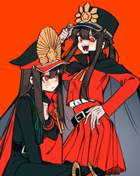Rule 34 | 2girls, cape, family crest, fate/grand order, fate (series), genderswap, genderswap (mtf), gloves, hair between eyes, hat, highres, jacket, letterman jacket, long sleeves, low ponytail, military hat, military uniform, multiple girls, oda nobukatsu (fate), oda nobunaga (fate), oda uri, open mouth, peaked cap, ponytail, red background, red cape, red eyes, red shirt, red skirt, red theme, sempon (doppio note), shirt, siblings, sidelocks, simple background, skirt, smile, uniform