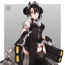 Rule 34 | 1girl, agent (girls&#039; frontline), asymmetrical hair, black dress, black gloves, black hair, clothes lift, double bun, dress, frilled dress, frills, garter belt, girls&#039; frontline, gloves, grey eyes, gun, hair bun, highres, horns, leg up, lifted by self, maid, maid headdress, puffy short sleeves, puffy sleeves, sangvis ferri, shirt, short sleeves, skirt, skirt lift, thighhighs, weapon, white shirt, xipel