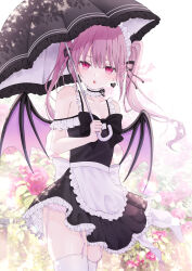 1girl :o absurdres apron bare_shoulders black_dress black_umbrella blush breasts check_copyright choker cleavage commentary_request copyright_request cowboy_shot day demon_girl demon_horns demon_wings dress flower frilled_apron frilled_choker frilled_dress frills garter_straps highres holding holding_umbrella horns long_hair looking_at_viewer maid maid_headdress murur_(matsumikoru) open_mouth original outdoors pink_eyes pink_flower pink_hair signature sleeveless sleeveless_dress small_breasts solo thighhighs twintails twitter_username umbrella waist_apron white_apron white_thighhighs wings