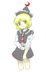 Rule 34 | 1girl, blonde hair, crescent, cropped legs, grey hat, grey skirt, grey vest, hat, long sleeves, lunasa prismriver, nonamejd, official style, rolling sleeves up, shirt, short hair, simple background, skirt, skirt set, solo, touhou, vest, white background, white shirt, yellow eyes, zun (style)