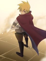 Rule 34 | 10s, 1boy, alfonso san valiante, belt, blonde hair, blue eyes, boots, cape, from above, garo:honoo no kokuin, garo (series), hands on own hips, looking at viewer, looking back, male focus, short hair, solo, spiked hair, thigh boots, thighhighs, vest