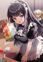 Rule 34 | &gt; &lt;, 2girls, apron, black dress, black hair, blonde hair, blush, bottle, bow, bowtie, chips (food), closed eyes, collared shirt, commentary request, crying, curtains, dress, floor, food, frilled dress, frills, highres, holding, indoors, kanda done, long hair, looking at viewer, maid, maid apron, maid headdress, multiple girls, neck ribbon, open mouth, original, purple eyes, purple neckwear, red neckwear, ribbon, shirt, short sleeves, smile, solo focus, streaming tears, table, tears, trembling, turn pale, twintails, white shirt, wooden floor