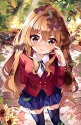 Rule 34 | 1girl, aisaka taiga, black thighhighs, blazer, blue skirt, brown eyes, brown hair, bug, butterfly, commentary, feet out of frame, flower, hand up, highres, insect, jacket, lens flare, long hair, long sleeves, looking at viewer, miniskirt, red jacket, skirt, solo, squchan, standing, sunflower, thighhighs, toradora!, very long hair, zettai ryouiki