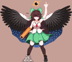 Rule 34 | 1girl, arm cannon, asymmetrical footwear, atom, bird wings, black sun, black wings, blush, bow, breasts, brown background, brown hair, cape, cleavage, closed mouth, collared shirt, commentary request, control rod, full body, green bow, green skirt, hair between eyes, hair bow, kaaaarin, kneehighs, large breasts, long hair, looking at viewer, mismatched footwear, pixel art, pointing, pointing up, red eyes, reiuji utsuho, shirt, sign, simple background, skirt, sleeveless, sleeveless shirt, smile, socks, starry sky print, subterranean animism, sun, third eye, touhou, weapon, white cape, white shirt, wings