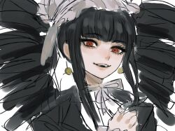 Rule 34 | 1girl, black hair, black jacket, bonnet, celestia ludenberg, danganronpa: trigger happy havoc, danganronpa (series), drill hair, earrings, frills, gothic lolita, hand up, highres, jacket, jewelry, knijla9geho6aoi, lolita fashion, long hair, looking at viewer, portrait, red eyes, shirt, sketch, smile, solo, twin drills, twintails, white shirt