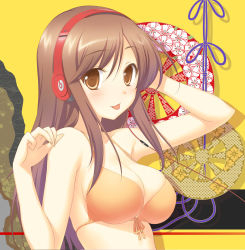 Rule 34 | 1girl, 47agdragon, :p, beats by dr. dre, bikini, blush, breasts, brown hair, cleavage, front-tie top, headphones, highres, large breasts, long hair, monster beats, orange bikini, orange eyes, original, shiny skin, solo, strap gap, swimsuit, tongue, tongue out, upper body
