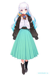 Rule 34 | 1girl, animal, animal on shoulder, aran sweater, belt, belt buckle, bird, black coat, black footwear, blue hair, blush, boots, box, buckle, cable knit, chick, coat, coat on shoulders, colored inner hair, company name, copyright notice, full body, gift, gift box, green skirt, high-waist skirt, highres, holding, holding box, lize helesta, long hair, looking at viewer, monocle, multicolored hair, nijisanji, official art, open mouth, pleated skirt, purple eyes, sebastian piyodore, shigure ui, simple background, skirt, sleeves past wrists, smile, solo, streaked hair, sweater, sweater tucked in, teeth, valentine, virtual youtuber, white background, white hair, white sweater