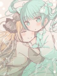 Rule 34 | 2girls, aqua bow, aqua eyes, aqua hair, backless outfit, black bow, blonde hair, blush, bow, breasts, cleavage, closed eyes, commentary request, hair bow, highres, hug, kasuga sunao, long hair, multiple girls, no nose, original, parted lips, small breasts, smile, striped, striped bow, upper body, yuri