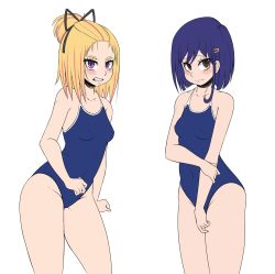 Rule 34 | 2girls, blonde hair, blue hair, blush, breasts, brown eyes, closed mouth, covered erect nipples, covered navel, flip flappers, hair ornament, hairclip, highres, kokomine cocona, looking at viewer, multicolored hair, multiple girls, purple eyes, red hair, short hair, simple background, small breasts, standing, swimsuit, white background, yayaka
