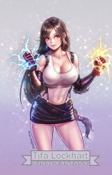 Rule 34 | 1girl, belt, black hair, black skirt, breasts, brown eyes, character name, cleavage, collarbone, copyright name, crop top, cropped legs, earrings, elbow gloves, elbow pads, electricity, final fantasy, final fantasy vii, fingerless gloves, gloves, highres, indigo039, jewelry, large breasts, light particles, long hair, looking at viewer, low-tied long hair, navel, red gloves, skirt, smile, solo, square enix, stomach, suspenders, tank top, tifa lockhart, toned