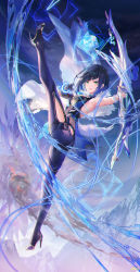 Rule 34 | 1girl, aqua simulacra (genshin impact), armpits, artist name, ass, atdan, bangle, bare shoulders, black hair, blue hair, boots, bow (weapon), bracelet, breasts, chromatic aberration, diagonal bangs, full body, genshin impact, gradient hair, green eyes, grin, high heel boots, high heels, highres, hip vent, holding, holding bow (weapon), holding weapon, jewelry, leg up, legs, looking at viewer, medium breasts, multicolored hair, revision, short hair, sleeveless, smile, solo, standing, standing on one leg, water, weapon, yelan (genshin impact)
