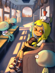 Rule 34 | 1girl, absurdres, backpack, bag, black bag, black footwear, black shirt, blonde hair, blurry, blurry background, blush, boots, braid, closed mouth, cloud, commentary request, depth of field, eyebrow cut, hand grip, highres, holding, holding bag, inkling, inkling girl, inkling player character, jellyfish (splatoon), long hair, looking at another, looking at viewer, looking down, looking outside, mohawk, moromi (kscd4482), multicolored footwear, nintendo, on head, red hair, shadow, shirt, short eyebrows, short sleeves, side braid, sidelocks, single braid, sitting, sky, smallfry (splatoon), smile, splatoon (series), splatoon 3, t-shirt, train interior, white footwear, white shirt, window, yellow eyes