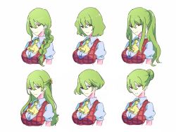 Rule 34 | 1girl, alternate hair length, alternate hairstyle, ascot, braid, breasts, collared shirt, commentary request, cropped torso, flower, french braid, hair flower, hair ornament, highres, kazami yuuka, large breasts, long hair, looking at viewer, plaid, plaid vest, ponytail, puffy short sleeves, puffy sleeves, red eyes, shirt, short hair, short sleeves, sidelocks, simple background, smile, solo, sunflower, tohoyuukarin, touhou, vest, white background, white shirt, wing collar, yellow ascot