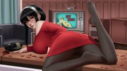 Rule 34 | bad source, bad tag, black hair, blackcapbandit, bottle, dress, highres, leaning on table, leggings, pinup (style), red dress, red eyes, spy x family, thighs, upskirt, wine bottle, yor briar