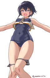Rule 34 | 1girl, asymmetrical hair, black one-piece swimsuit, brown neckerchief, character name, covered navel, crop top, feet out of frame, framed breasts, highres, i-14 (kancolle), kantai collection, neckerchief, one-hour drawing challenge, one-piece swimsuit, outstretched arms, sailor collar, school swimsuit, shirt, short hair, short hair with long locks, simple background, sleeveless, sleeveless shirt, solo, swimsuit, white background, white sailor collar, yamano rita