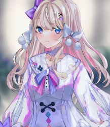 Rule 34 | 1girl, blue choker, blue eyes, blue ribbon, blurry, blurry background, bow, choker, closed mouth, coat, collarbone, diamond hair ornament, dot nose, gem (symbol), hair between eyes, hair bow, hair intakes, hair ornament, hairclip, highres, indie virtual youtuber, jewelry, light brown hair, long hair, long sleeves, looking at viewer, misumi no harawata, mnemo, multicolored ribbon, pendant, pendant choker, pink ribbon, pom pom (clothes), ribbon, smile, solo, upper body, virtual youtuber, watagashi unou, x hair ornament