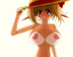 Rule 34 | 1girl, blonde hair, blush, breasts, elf, female focus, hat, huge breasts, nail polish, nipples, open mouth, original, pointy ears, shoujo kousaku (eltole), simple background, tan, tanline, white background, yellow eyes