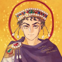 Rule 34 | 1boy, armor, byzantine empire, commentary request, crown, curly hair, dated, derivative work, jewelry, justinian the great, looking at viewer, male focus, purple robe, real life, robe, satou futaba (loose leaf), shoulder armor, signature, smile, twitter username, upper body, yellow background, yellow eyes