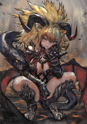 Rule 34 | 1girl, absurdres, animal ears, between legs, blonde hair, blue eyes, boots, breasts, chest harness, cleavage, commentary, elbow on knee, embers, fang, full body, gauntlets, hand between legs, harness, highres, horizontal pupils, horns, large breasts, long hair, low wings, monster girl, original, parted lips, sabamiso taro, shoulder spikes, skin fang, snake, solo, spikes, spread legs, squatting, wings