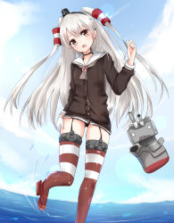 Rule 34 | 10s, 1girl, amatsukaze (kancolle), bad id, bad pixiv id, brown eyes, choker, dress, gloves, grey neckerchief, headgear, kantai collection, long hair, naigou, neckerchief, neneru, ocean, open mouth, red thighhighs, rensouhou-kun, sailor dress, see-through, silver hair, single glove, solo, striped clothes, striped thighhighs, thighhighs, twintails, two side up, zettai ryouiki