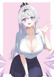 Rule 34 | 1girl, :d, absurdres, blue eyes, blue skirt, border, breasts, cleavage, cowboy shot, hand up, highres, honkai (series), honkai impact 3rd, kiana kaslana, large breasts, long hair, looking at viewer, miniskirt, open mouth, outside border, pink background, pleated skirt, ponytail, shirt, skirt, smile, solo, standing, tukangayyal, very long hair, white border, white hair, white shirt