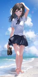 Rule 34 | 1girl, absurdres, arm up, bare legs, beach, black footwear, black hair, black skirt, blue eyes, blue sky, cloud, collared shirt, day, grin, hand on own head, highres, loafers, long hair, looking at viewer, miniskirt, neck ribbon, original, outdoors, ribbon, shirt, shoes, unworn shoes, short sleeves, skirt, sky, smile, solo, spread toes, standing, sunlight, toes, tokkyu, wading, water, white shirt