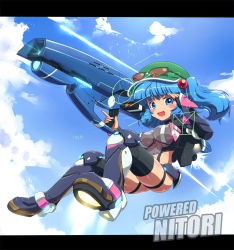 Rule 34 | 1girl, aqua eyes, armor, black thighhighs, blue hair, boots, character name, cloud, cosplay, crossover, day, english text, eyewear on head, female focus, flying, gun, hair bobbles, hair ornament, hat, heads-up display, hunewearl, jetpack, kawashiro nitori, key, letterboxed, looking at viewer, m1 bazooka, neighbor quartz, phantasy star, phantasy star online, phantasy star online 2, rocket boots, rocket launcher, ruku rx, salute, sky, solo, sunglasses, thighhighs, touhou, twintails, two side up, weapon