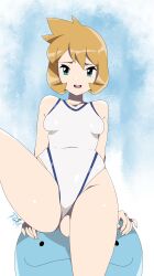 Rule 34 | 1girl,  eyes, ass, breasts, covered navel, cowboy shot, creatures (company), curvy, game freak, gen 2 pokemon, green eyes, highleg, highleg swimsuit, highres, legs, medium breasts, misty (pokemon), navel, nintendo, one-piece swimsuit, open mouth, orange hair, pokemon, pokemon hgss, quagsire, r3dfive, shiny skin, simple background, small breasts, standing, swimsuit, thick thighs, thighs, white one-piece swimsuit, wide hips