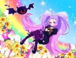 Rule 34 | 10s, 1girl, ahoge, ankle lace-up, bat (animal), black neckwear, book, choker, cross-laced footwear, flower, full body, long hair, nico (smile precure!), panier2, pantyhose, precure, purple eyes, purple hair, purple pantyhose, rainbow, shoes, skirt, sky, smile, smile precure!, sparkle