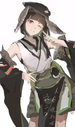 Rule 34 | black hair, black headwear, corallo, detached sleeves, feather hair ornament, feathers, green hair, hair ornament, highres, indie virtual youtuber, japanese clothes, obi, one eye closed, open mouth, sash, short hair with long locks, smile, tabinoki kanae, tabinoki kanae (1st costume), virtual youtuber, youtube