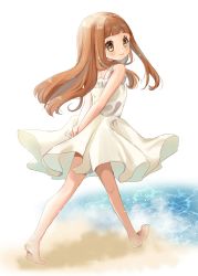 Rule 34 | 1girl, bare arms, bare shoulders, barefoot, beach, blush, brown eyes, brown hair, closed mouth, commentary request, dress, frilled dress, frills, highres, ichihara nina, idolmaster, idolmaster cinderella girls, idolmaster cinderella girls starlight stage, long hair, looking at viewer, looking back, pleated dress, rino cnc, sand, sleeveless, sleeveless dress, smile, soles, solo, very long hair, walking, water, white background, white dress