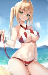 Rule 34 | 1girl, absurdres, arm behind back, bare shoulders, beach, bikini, blonde hair, blue sky, blush, bracelet, breasts, chinese commentary, cleavage, closed mouth, collarbone, earrings, fate/grand order, fate (series), feet out of frame, green eyes, highres, jewelry, large breasts, long hair, looking at viewer, navel, nero claudius (fate), nero claudius (fate) (all), nero claudius (swimsuit caster) (fate), official alternate costume, on floor, red bikini, side ponytail, sidelocks, sky, smile, solo, stomach, sweatdrop, swimsuit, thighs, underboob, yanwulazy